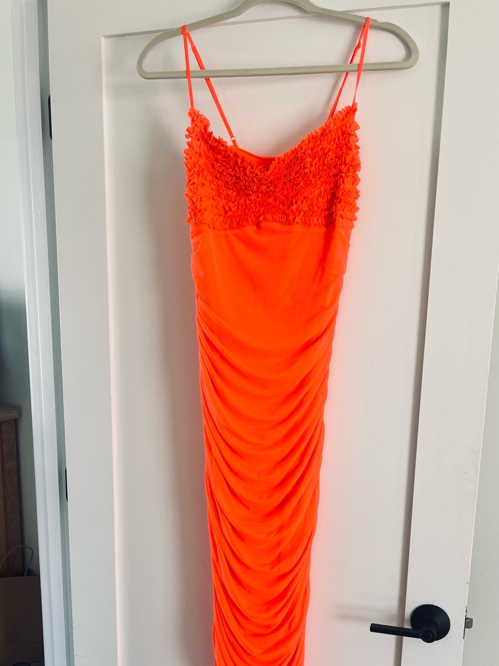 AFRM Neon Orange Ruched Maxi Dress with Spaghetti Straps